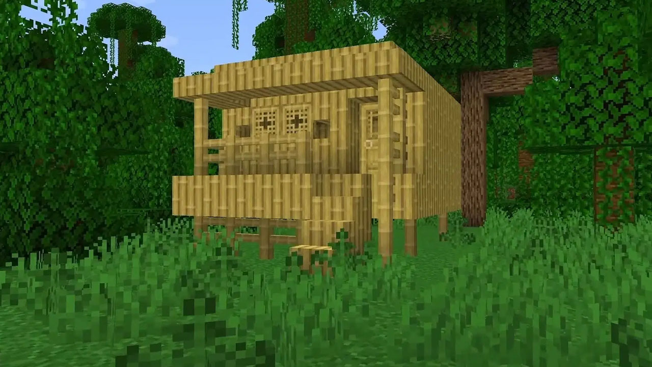 Minecraft Player Cria Bungalows Tropicais com Bamboo no Jogo